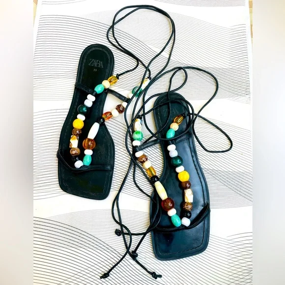 Brand new zara limited edition leather with beads summer lace up flat sandal - Picture 1 of 6